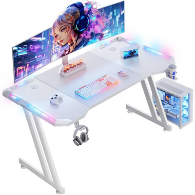  - Precision Synergie White Gaming Desk With Rgb Lights120X60Cm Gaming Table With Headphone Hook And Cup Holder For Home Office