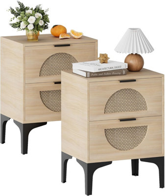 Huhote Stylish Set Of 2 Boho Bedside Tables With Rattan Drawers And Storage