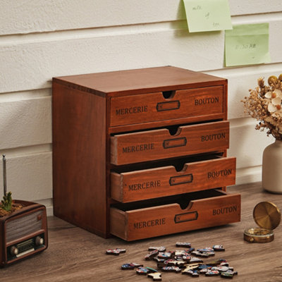 B&Q -  4-Drawers Retro Brown Wooden Tabletop Pull Out Storage Organizer Box