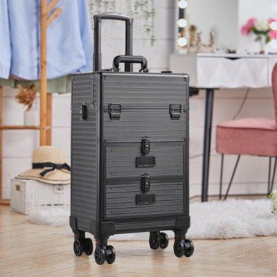 Living And Home 3 In 1 Black Large Cosmetic Trolley Makeup Case On Wheels