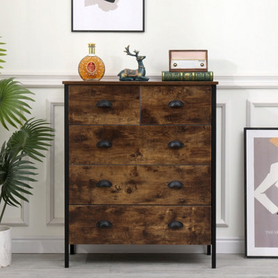  - Furniturehmd Industrial Style Chest With 5 Drawers Organizer Unit Metal Legs Storage Cabinet
