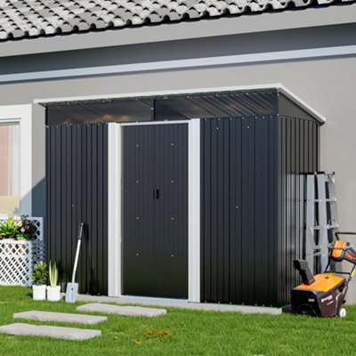 Lifeideas Outdoor Garden Metal Tool Shed Garden Storage Shed With Lockable Sliding Doors And Sloped Roof Design, Charcoal Black 8.5X4Ft