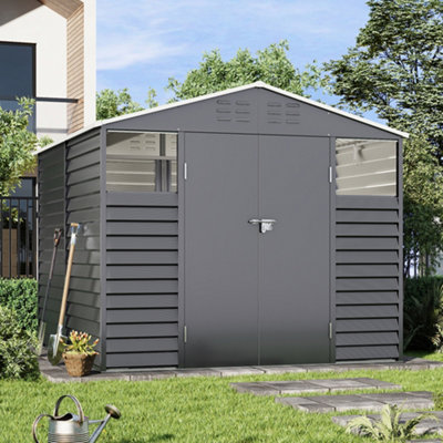 Lifeideas 246.5Cm W Charcoal Steel Outdoor Garden Tool Storage Shed With Windows, Vents, And Built-In Shelves, Black