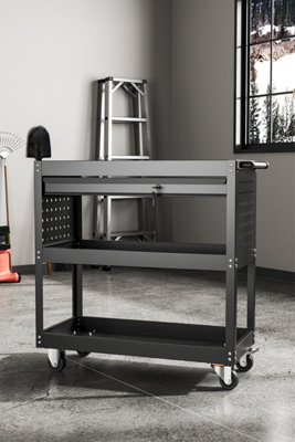 Garden Sanctuary 3-Tier Metal Rolling Tool Trolley With Lockable Drawer For Workshops Black