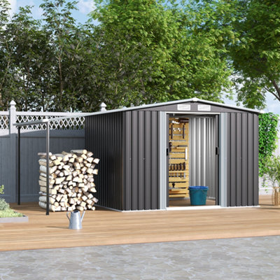 Thehotsale 248Cm W X 207Cm D X 178Cm H Dark Grey Metal Shed With 2 Door Garden Storage Shed With Awning