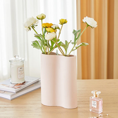 Thehotsale Pink Vase Irregular Vase Ribbed Textured Ceramic Vase