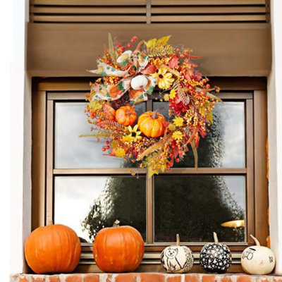 Thehotsale 50Cm Dia Wreath Halloween Artificial Pumpkin Maple Leaves Wreath