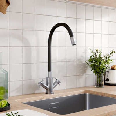 Thehotsale G1/2 Flexible Silicone Dual-Handle Kitchen Faucet Mixer Tap Pull-Down Sprayer Black Faucet