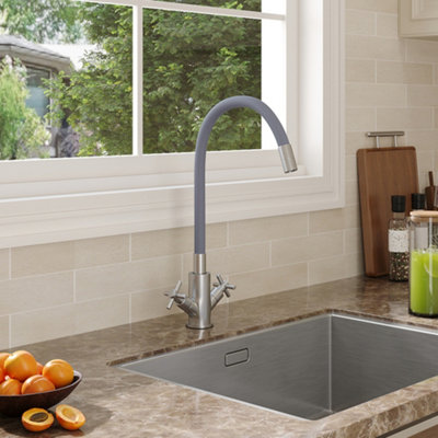 Thehotsale G1/2 Flexible Silicone Dual-Handle Kitchen Faucet Mixer Tap Pull-Down Sprayer Grey Faucet