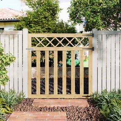 B&Q -  Wood Colour Outdoor Cross Top Wooden Garden Gate Pedestrian Fence Yard Door With Accessory Kit,120Cm X 120Cm