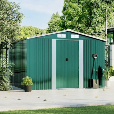 Lifeideas Green Apex Roof Garden Metal Furniture Storage Tool Storage Shed Hot-Dipped Galvanized Metal Garden Shed With Lockable Door