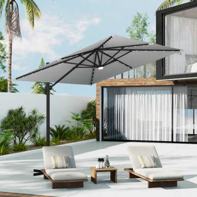 Lifeideas Light Grey Outdoor Garden Square Cantilever Parasol Patio Umbrellas For Beach Backyard And Pool With Solar-Powered Led Lights