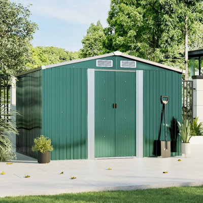 Lifeideas Dark Green Garden Metal Garden Storage Shed Furniture Tool Storage Shed With Base And 2 Sliding Door For Garden Tool