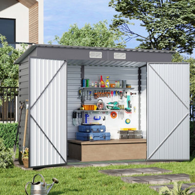 Lifeideas Outdoor Apex Grey Garden Galvanized Steel Furniture Storage Shed With Double Door