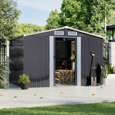 Lifeideas Charcoal Black Waterproof Outdoor Metal Tool Storage Shed Garden Storage Shed With Base For Garden Tools Equipment-32281 