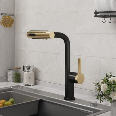 Thehotsale Pull-Out Sprayer Retractable Kitchen Faucet With 5 Modes And Swivel SpoutBlack & Gold from B&Q