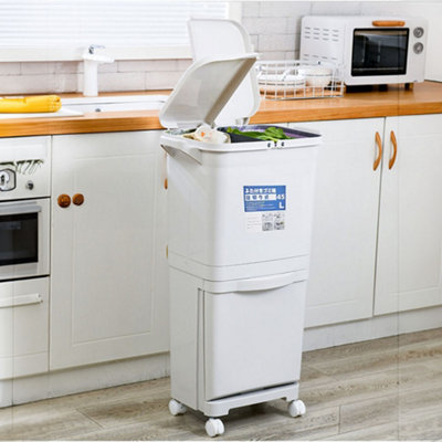Living And Home White Double-Layer Three-Compartment Trash Can With Wheels from B&Q