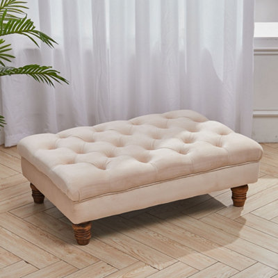 Darphe Buttoned Beige Velvet Rectangular Ottoman Footstool With Gourd-Shaped Legs