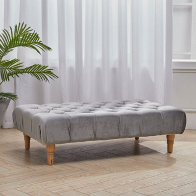 Darphe Buttoned Grey Velvet Rectangular Ottoman Footstool With Gourd-Shaped Legs