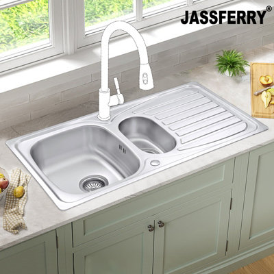Jassferry Stainless Steel Kitchen Sink Inset 1.5 Bowl Reversible Drainer from B&Q