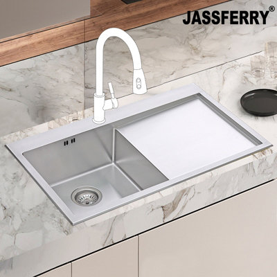 Jassferry 16 Gauge Stainless Steel Kitchen Sink Inset Handmade Right Hand Drainer from B&Q