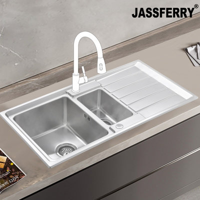 Jassferry Premium Kitchen Sink Square Style Stainless Steel 1.5 Bowl Inset Reversible Drainer from B&Q