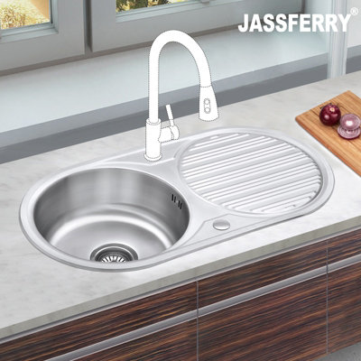 Jassferry Stainless Steel Single Round Bowl Inset Kitchen Sink Caravan Reversible Drainboard from B&Q