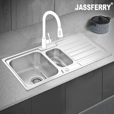 Jassferry Stainless Steel Kitchen Sink 1.5 Square Bowl Rome Style Reversible Drainer from B&Q