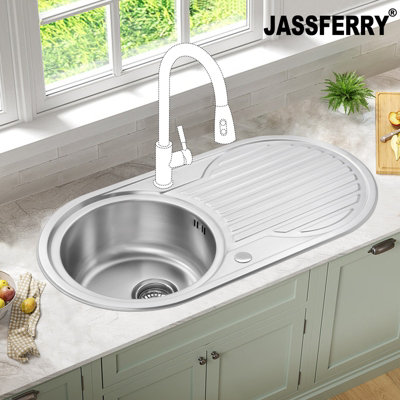 Jassferry Inset Round Bowl Kitchen Sink Stainless Steel Single Circle Drainboard Reversible Drainer from B&Q