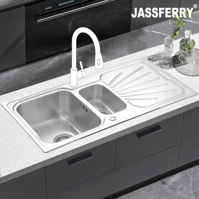 Jassferry Stainless Steel Kitchen Sink 1.5 One Half Welding Bowl Reversible Drainer from B&Q