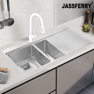 Jassferry Inset Kitchen Sink 1.2 mm Thickness Stainless Steel 1.5 Rectangle Bowl Righthand Drainer Square Strainer Plug from B&Q
