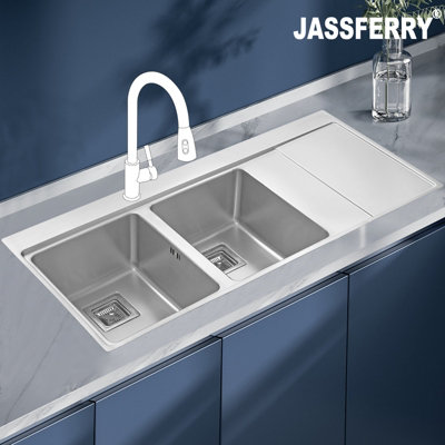 Jassferry Kitchen Sink 1.2 mm Stainless Steel 2.0 Bowl Righthand Drainer Square Strainer from B&Q