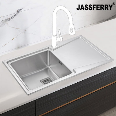 Jassferry Inset Kitchen Sink 1.2 mm Stainless Steel 1.0 Bowl Right Drainer Square Strainer from B&Q