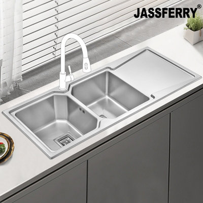 Jassferry Brilliant Inset Kitchen Sink 1.2 mm Stainless Steel Double Bowl Right Hand Drainer Square Strainer Plug from B&Q