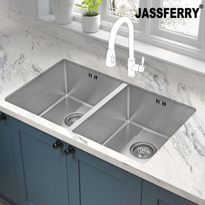 Jassferry Kitchen Sink Undermount Handmade 1.2mm Thickness Stainless Steel Double 2 Bowl745 X 440 mm from B&Q