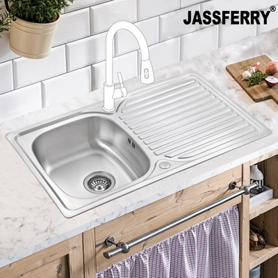 Jassferry Stainless Steel Kitchen Sink Single Bowl Inset Reversible Drainer from B&Q