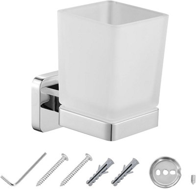 Jassferry Wall Mounted Toothbrush Tumbler Holder Single Frosted Black Glass Square Chrome from B&Q