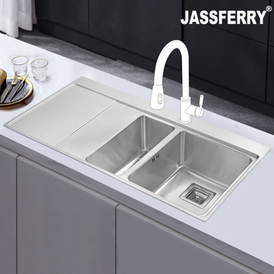 Jassferry Inset Kitchen Sink 1.2 mm Thickness Stainless Steel 1.5 Rectangle Bowl Lefthand Drainer Square Strainer Plug from B&Q