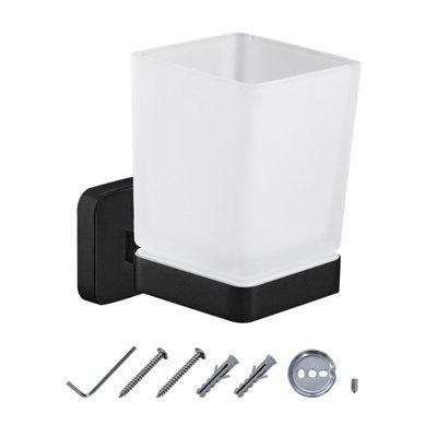 Jassferry Wall Mounted Toothbrush Tumbler Holder Single Frosted Black Glass Square Cup from B&Q