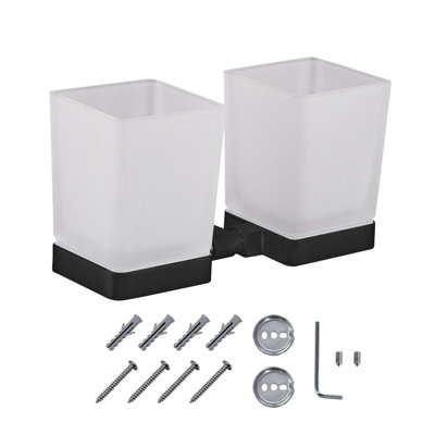 Jassferry Double Wall Mounted Toothbrush Tumbler Holder Frosted  Black Glass Square Cup from B&Q