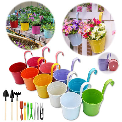 Large Metal Hanging Plant PotsIncludes Garden ToolsColorful Fence Planter Bucket Set With Drainage Hole & Detachable Hook from B&Q