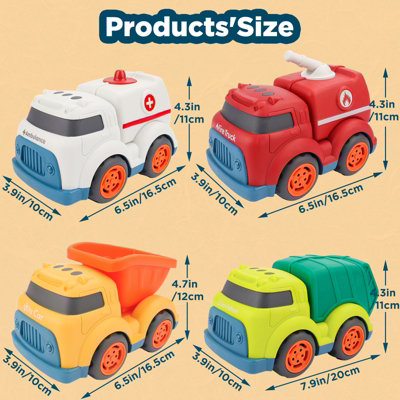 DeAO Toys Kids Push And Go Truck Car Toy Set 4-Piece Friction Powered Vehicles For Toddlers And Preschool Play