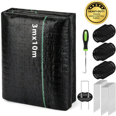  - 100Gsm 3X10M Weed Membrane With U-PinsFixing Washers And Peg PullerDurable Permeable Tear-Resistant Garden Ground Cover