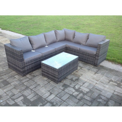 Fimous Pe Rattan Corner Sofa Set Rectangular Oblong Coffee Table Set Outdoor Garden Furniture In Mix 6 Seater Dark/Grey