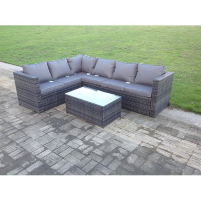 Fimous Rattan Corner Sofa Set Rectangular Coffee Table Outdoor Garden Furniture In Mix 6 Seater Dark/Grey