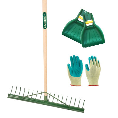 PegdevPdl18 Tooth Metal Landscape Rake With Grading BarLeaf Scoop Grab & Garden Gloves Bundle.