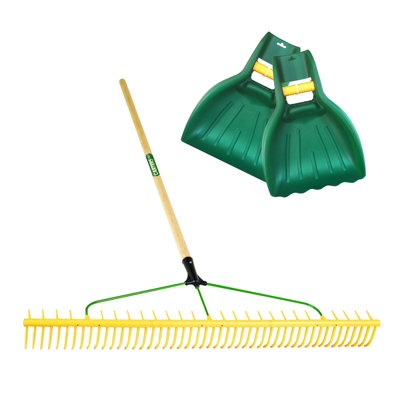 Pegdev Pdl48 Tooth Polypropylene Landscape Rake With Leaf Scoop Grab HandsProfessional Ground Care Tool With Hardwood Handle