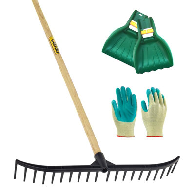 PegdevPdl20 Tooth Black Bunker Rake With Leaf Scoop Grab & Gardening GlovesHeavy-Duty Garden Tool Set.