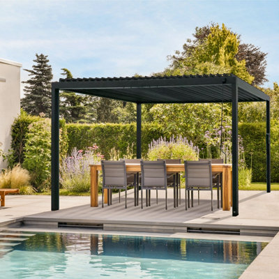 Backyard Discovery Sarasota Louvered Steel Outdoor Patio Pergola With Powerport 4.9M X 3M (16Ft X 10Ft) from B&Q