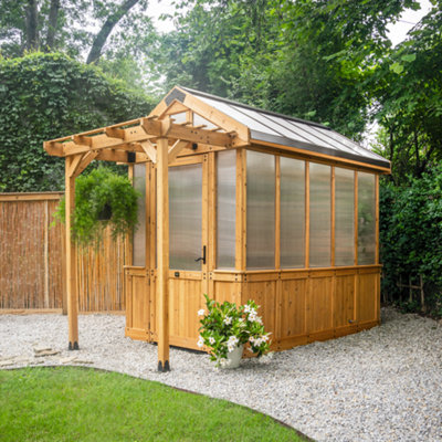 Backyard Discovery Bellerose Cedar Wood Polycarbonate Greenhouse With Pergola Front And Powerport 2.9M X 1.8M (9Ft X 6Ft) from B&Q
